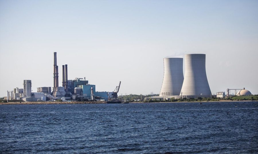 The Dynegy coal burning power plant at Brayton Point in Somerset, MA from across the Taunton River. (Jesse Costa/WBUR)