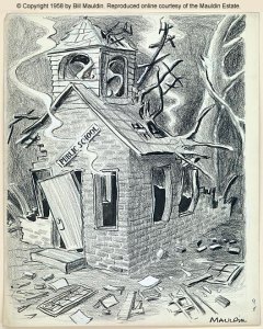 An old political comic depicting a vandalized school house