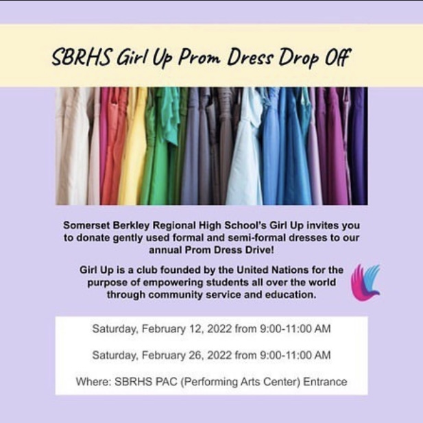 The Prom Dress Drive informational flyer created by Nicole Ledwidge, Mia Russ, and the Girl Up club (available on both the @girlupsb account on Instagram and the @sbrhs_breeze account on Instagram).