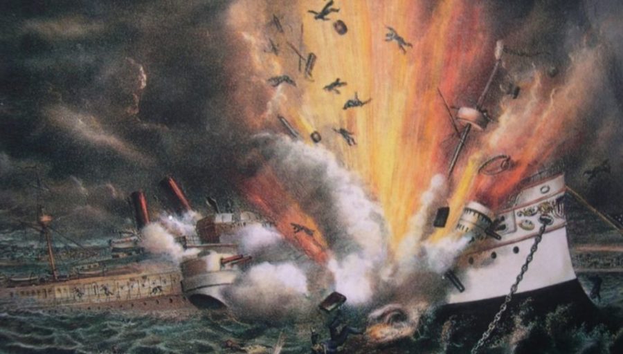 A+popularized+piece+of+art+capturing+the+explosion+of+the+USS+Maine.+%28Photo+courtesy+of+the+Cuban+Studies+Institute%29