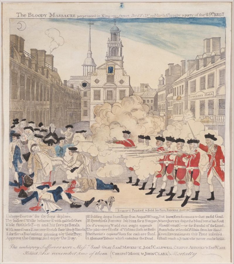 A+popular+piece+of+art+depicting+the+Boston+Massacre+that+was+published+in+newspapers+throughout+Boston+and+other+parts+of+colonial+America.