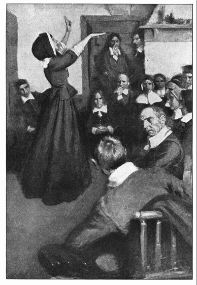 Artwork depicting Anne Hutchinson preaching in her home, an act that would later get her banished from the Massachusetts Bay Colony. (Harpers Monthly, Feb 1901)