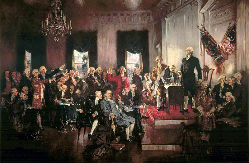 General George Washington presiding over the Constitutional Convention in a popular painting by Howard Chandler Christy.