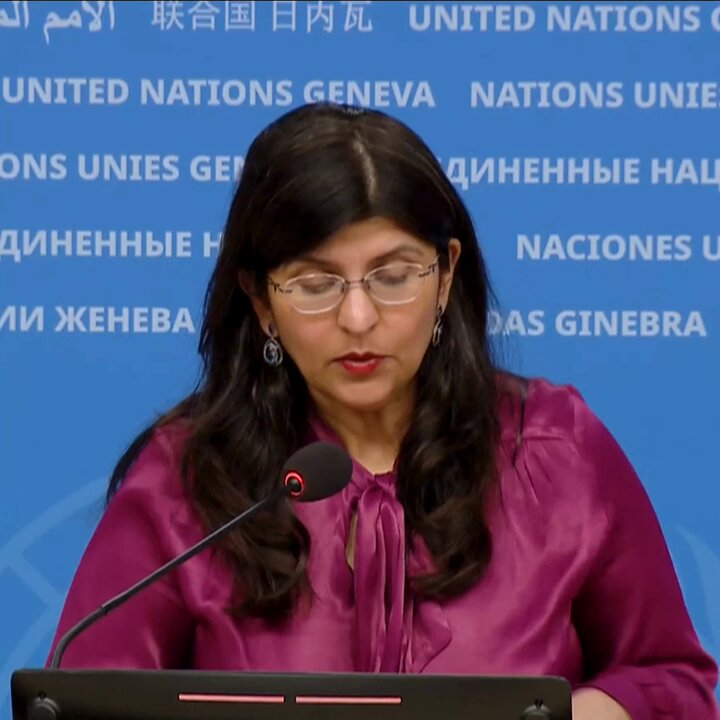 Ravina Shamdasani gives a speech on January 16th, 2024 condemning the state of Alabamas plan to use nitrogen asphyxiation as a form of execution. (Image courtesy of @UN_News_Centre on X)