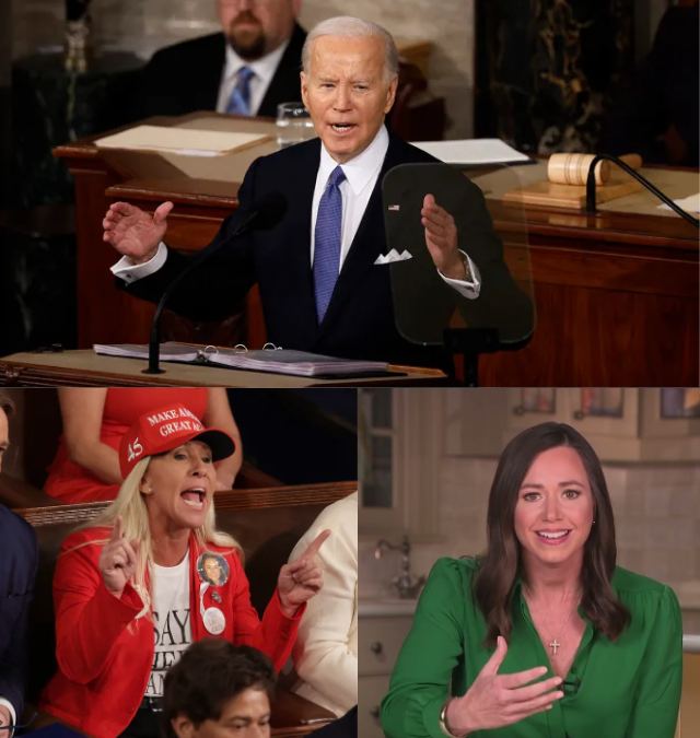 President Biden during his State of the Union address (Chip Somodevilla/Getty Images). Beneath him is Marjorie Taylor Greene yelling in the House Chamber ( Alex Wong/Getty Images) and Senator Katie Britt in her kitchen responding to Biden's address (C-SPAN).